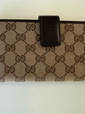 Authentic Gucci GG Canvas Long Wallet Brown Leather w/ COA